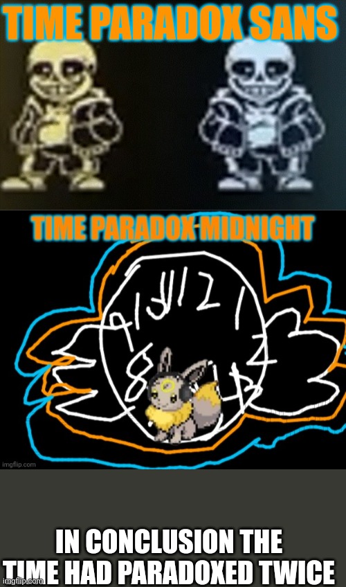 TIME PARADOX SANS; IN CONCLUSION THE TIME HAD PARADOXED TWICE | image tagged in time paradoxed | made w/ Imgflip meme maker