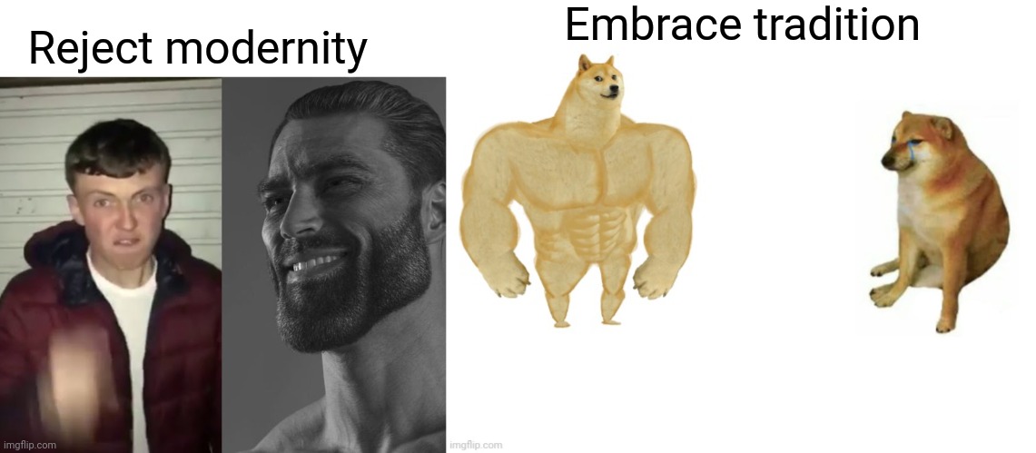 Embrace tradition; Reject modernity | image tagged in average fan vs average enjoyer | made w/ Imgflip meme maker