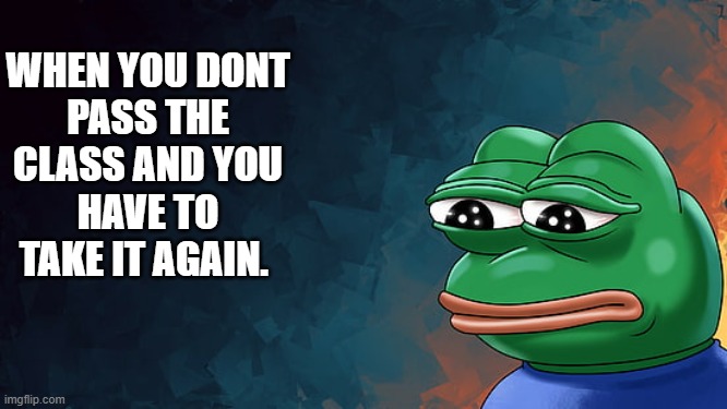just sad | WHEN YOU DONT PASS THE CLASS AND YOU HAVE TO TAKE IT AGAIN. | image tagged in pepe the frog | made w/ Imgflip meme maker