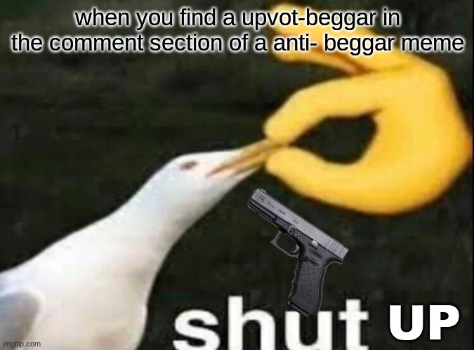 SHUT | when you find a upvot-beggar in the comment section of a anti- beggar meme; UP | image tagged in shut,shut up,upvote begging,oh wow are you actually reading these tags,imgflip | made w/ Imgflip meme maker
