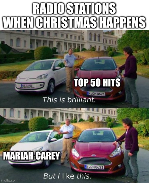every dang year | RADIO STATIONS WHEN CHRISTMAS HAPPENS; TOP 50 HITS; MARIAH CAREY | image tagged in blank white template,this is brilliant but i like this | made w/ Imgflip meme maker