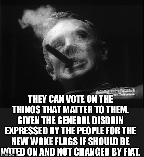 General Ripper (Dr. Strangelove) | THEY CAN VOTE ON THE THINGS THAT MATTER TO THEM. GIVEN THE GENERAL DISDAIN EXPRESSED BY THE PEOPLE FOR THE NEW WOKE FLAGS IF SHOULD BE VOTED | image tagged in general ripper dr strangelove | made w/ Imgflip meme maker