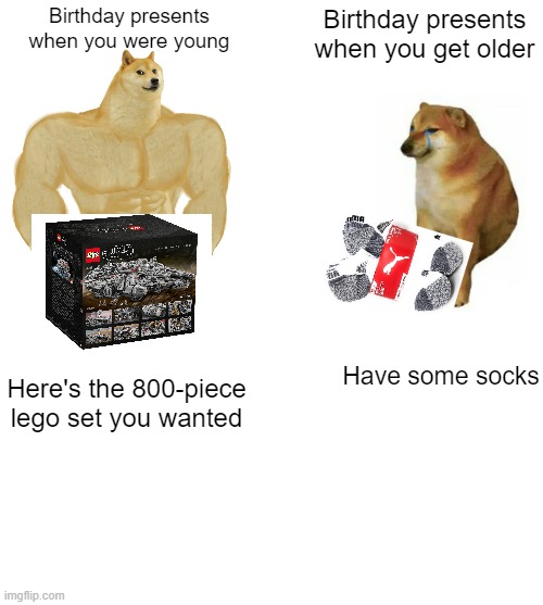 It's evolving, just backwards. | Birthday presents when you were young; Birthday presents when you get older; Have some socks; Here's the 800-piece lego set you wanted | image tagged in memes,buff doge vs cheems,happy birthday,birthday,presents,lego | made w/ Imgflip meme maker