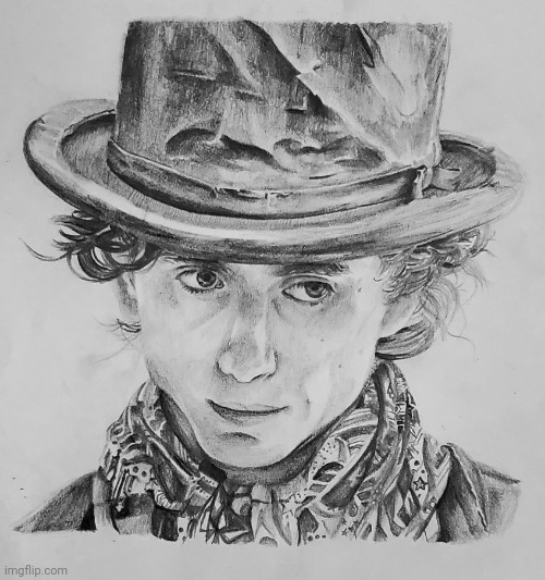 Timothee Chalamet as Willy Wonka drawing | image tagged in drawing,art,willy wonka,wonka,johnny depp,charlie and the chocolate factory | made w/ Imgflip meme maker