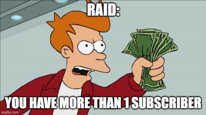 pov RAID | RAID:; YOU HAVE MORE THAN 1 SUBSCRIBER | image tagged in memes,shut up and take my money fry | made w/ Imgflip meme maker