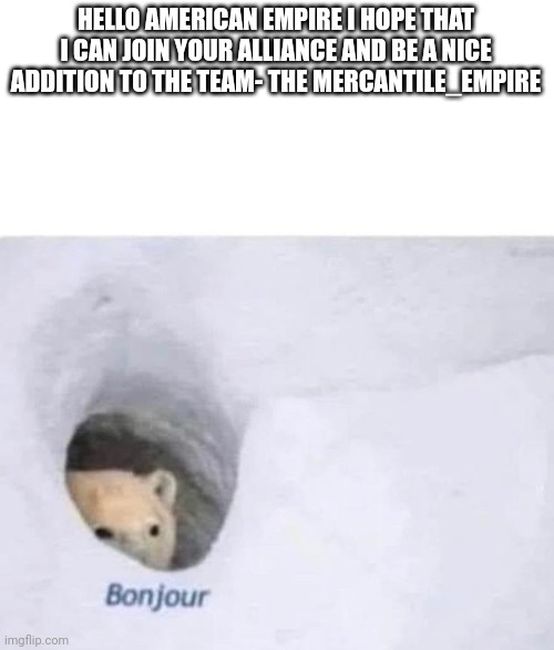 Hallo | HELLO AMERICAN EMPIRE I HOPE THAT I CAN JOIN YOUR ALLIANCE AND BE A NICE ADDITION TO THE TEAM- THE MERCANTILE_EMPIRE | image tagged in bonjour | made w/ Imgflip meme maker