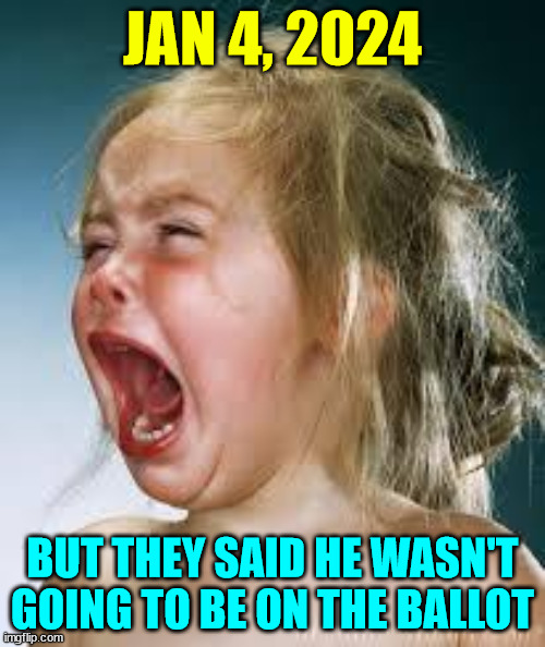Winter thaw is coming sooner than expected... they'll call that climate change too... | JAN 4, 2024; BUT THEY SAID HE WASN'T GOING TO BE ON THE BALLOT | image tagged in crying baby,epic,liberal,melting,coming | made w/ Imgflip meme maker