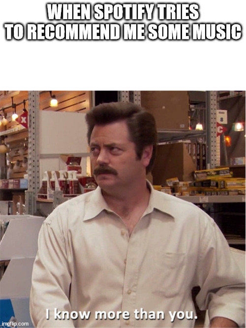 I know to much (music) | WHEN SPOTIFY TRIES TO RECOMMEND ME SOME MUSIC | image tagged in ron swanson i know more than you,spotify,music,underground | made w/ Imgflip meme maker