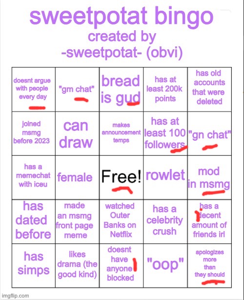 sweetpotat bingo! | image tagged in sweetpotat bingo | made w/ Imgflip meme maker
