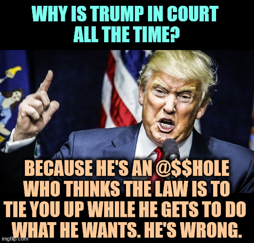 How to be a big, big loser. | WHY IS TRUMP IN COURT 
ALL THE TIME? BECAUSE HE'S AN @$$HOLE WHO THINKS THE LAW IS TO TIE YOU UP WHILE HE GETS TO DO 
WHAT HE WANTS. HE'S WRONG. | image tagged in trump angry ugly awful,trump,law,narcissist,selfish,jerk | made w/ Imgflip meme maker