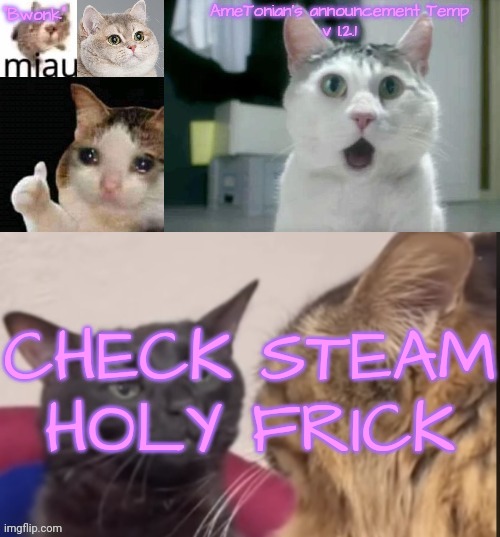 AmeTonian's announcement Temp v 1.2.1 | CHECK STEAM HOLY FRICK | image tagged in ametonian's announcement temp v 1 2 1 | made w/ Imgflip meme maker