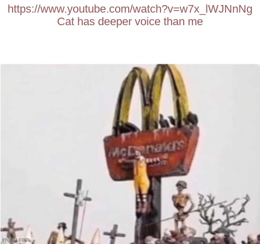 Ronald McDonald get crucified | https://www.youtube.com/watch?v=w7x_lWJNnNg
Cat has deeper voice than me | image tagged in ronald mcdonald get crucified | made w/ Imgflip meme maker
