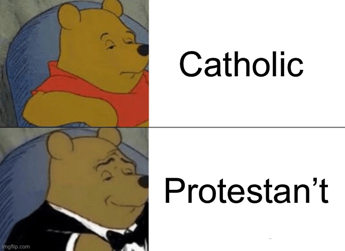 Tuxedo Winnie The Pooh | Catholic; Protestan’t | image tagged in memes,tuxedo winnie the pooh | made w/ Imgflip meme maker