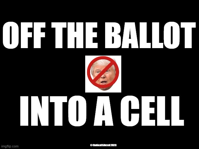 Off the Ballot: Into a Cell | OFF THE BALLOT; INTO A CELL; © Radical Liberal 2023 | image tagged in nevertrump,traitor trump,p01135809,insurrection,constitution | made w/ Imgflip meme maker