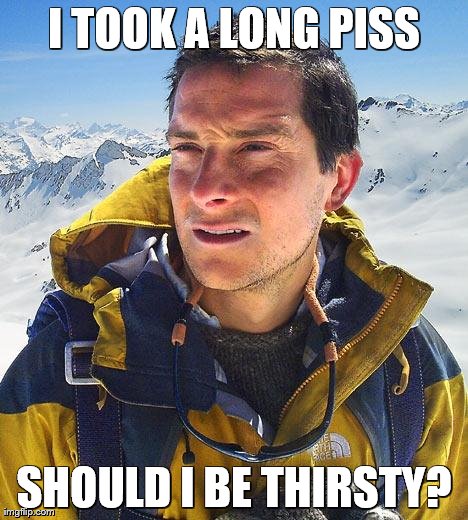 Bear Grylls Meme | I TOOK A LONG PISS SHOULD I BE THIRSTY? | image tagged in memes,bear grylls | made w/ Imgflip meme maker