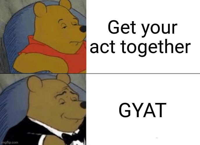 Why | Get your act together; GYAT | image tagged in memes,tuxedo winnie the pooh,reality,trending now,popular,happy birthday | made w/ Imgflip meme maker