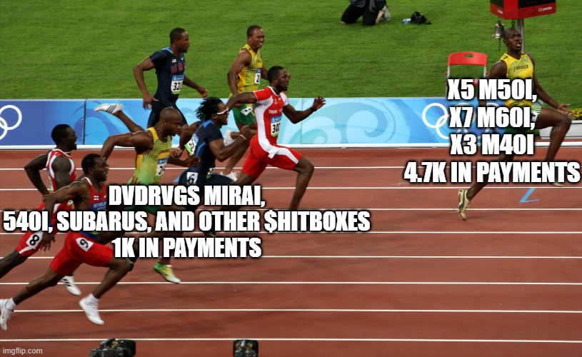 race usain bolt | DVDRVGS MIRAI, 540I, SUBARUS, AND OTHER $HITBOXES
1K IN PAYMENTS; X5 M50I, X7 M60I, X3 M40I
4.7K IN PAYMENTS | image tagged in race usain bolt | made w/ Imgflip meme maker