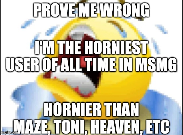 Low Quality Crying Emoji | PROVE ME WRONG; I'M THE HORNIEST USER OF ALL TIME IN MSMG; HORNIER THAN MAZE, TONI, HEAVEN, ETC | image tagged in low quality crying emoji | made w/ Imgflip meme maker