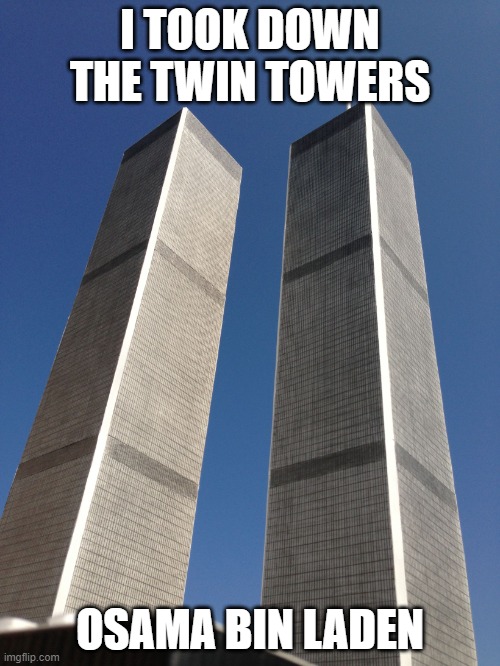 9/11 | I TOOK DOWN THE TWIN TOWERS; OSAMA BIN LADEN | image tagged in twin towers | made w/ Imgflip meme maker