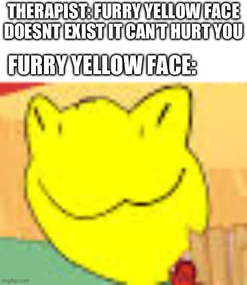 WHAT THE HELL IS THIS | THERAPIST: FURRY YELLOW FACE DOESNT EXIST IT CAN’T HURT YOU; FURRY YELLOW FACE: | made w/ Imgflip meme maker