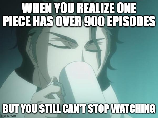 op fans | WHEN YOU REALIZE ONE PIECE HAS OVER 900 EPISODES; BUT YOU STILL CAN'T STOP WATCHING | image tagged in sosuke aizen | made w/ Imgflip meme maker