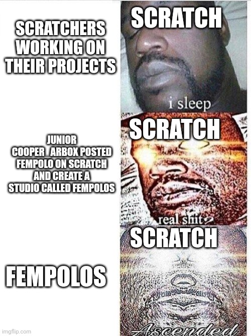 Memes only scratchers can understand V6 | SCRATCH; SCRATCHERS WORKING ON THEIR PROJECTS; SCRATCH; JUNIOR COOPER_ARBOX POSTED FEMPOLO ON SCRATCH AND CREATE A STUDIO CALLED FEMPOLOS; SCRATCH; FEMPOLOS | image tagged in i sleep meme with ascended template,incredibox,scratch | made w/ Imgflip meme maker