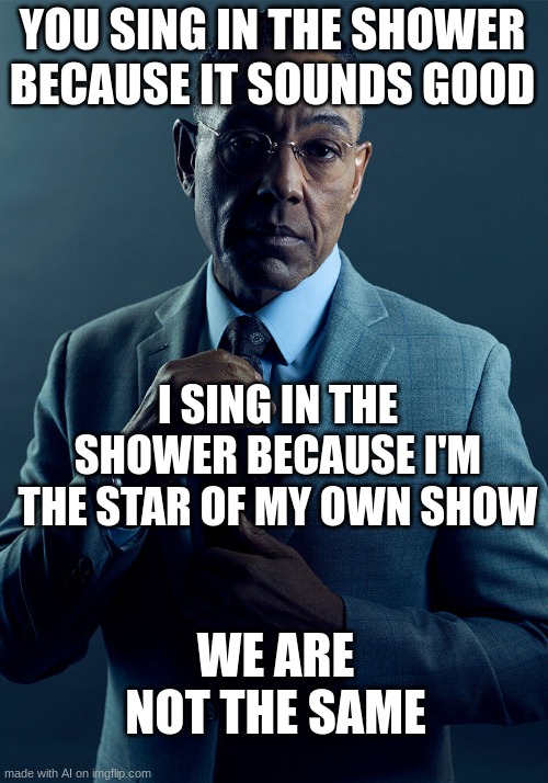 shower | YOU SING IN THE SHOWER BECAUSE IT SOUNDS GOOD; I SING IN THE SHOWER BECAUSE I'M THE STAR OF MY OWN SHOW; WE ARE NOT THE SAME | image tagged in gus fring we are not the same | made w/ Imgflip meme maker