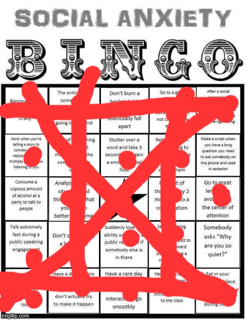 Replace work with school | image tagged in social anxiety bingo | made w/ Imgflip meme maker