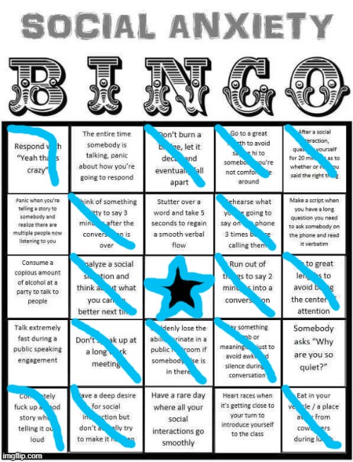 :( | image tagged in social anxiety bingo | made w/ Imgflip meme maker