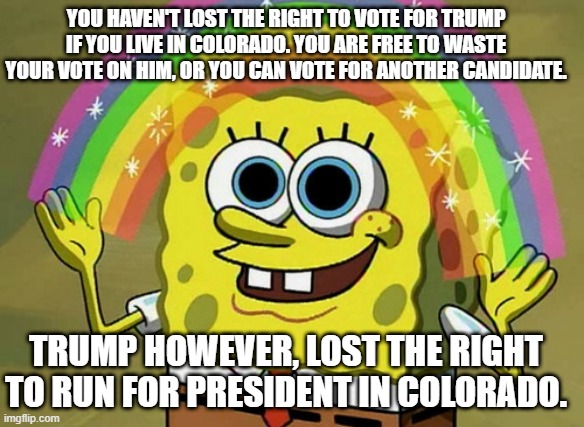People already crying out victimhood. Suddenly everyone lives in Colorado and has lost the right to vote for Dump. | YOU HAVEN'T LOST THE RIGHT TO VOTE FOR TRUMP IF YOU LIVE IN COLORADO. YOU ARE FREE TO WASTE YOUR VOTE ON HIM, OR YOU CAN VOTE FOR ANOTHER CANDIDATE. TRUMP HOWEVER, LOST THE RIGHT TO RUN FOR PRESIDENT IN COLORADO. | image tagged in memes,imagination spongebob,dump45,winning,get in loser | made w/ Imgflip meme maker
