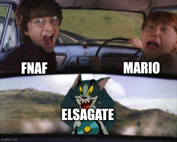 Tom chasing Harry and Ron Weasly | MARIO; FNAF; ELSAGATE | image tagged in tom chasing harry and ron weasly,elsagate,mario,fnaf | made w/ Imgflip meme maker
