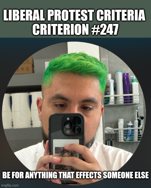 Green hair | BE FOR ANYTHING THAT EFFECTS SOMEONE ELSE LIBERAL PROTEST CRITERIA 
CRITERION #247 | image tagged in green hair | made w/ Imgflip meme maker