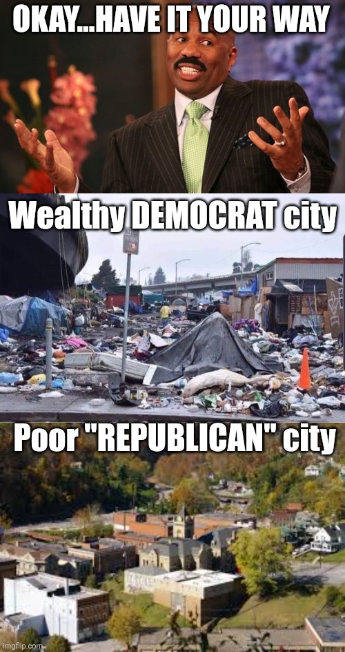 Wealthy DEMOCRAT city Poor "REPUBLICAN" city OKAY...HAVE IT YOUR WAY | image tagged in memes,steve harvey,california cities | made w/ Imgflip meme maker