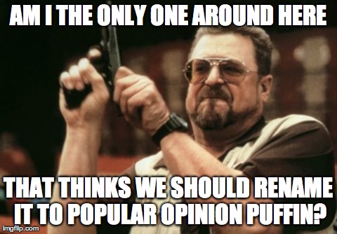 Am I The Only One Around Here Meme | AM I THE ONLY ONE AROUND HERE THAT THINKS WE SHOULD RENAME IT TO POPULAR OPINION PUFFIN? | image tagged in memes,am i the only one around here,AdviceAnimals | made w/ Imgflip meme maker