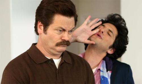 Jean-Ralphio yelling in Ron's ear Blank Meme Template