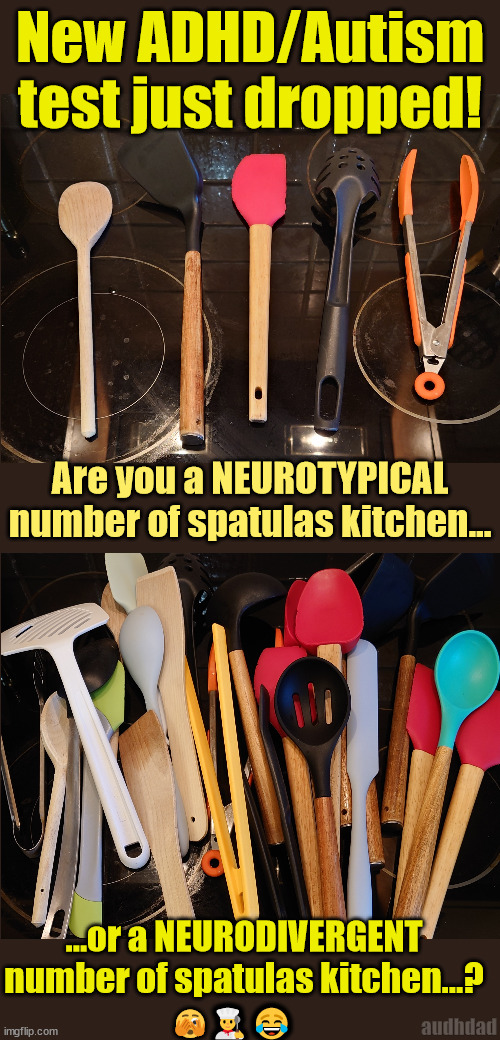 The spatula test for ADHD and Autism | New ADHD/Autism test just dropped! Are you a NEUROTYPICAL number of spatulas kitchen... ...or a NEURODIVERGENT number of spatulas kitchen...? audhdad; 👨‍🍳😂; 🫣 | image tagged in spatulas,adhd,audhd,autism,neurodivergent,memes | made w/ Imgflip meme maker