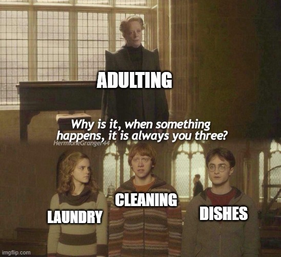adulting forever | ADULTING; CLEANING; DISHES; LAUNDRY | image tagged in why is it when something happens it is always you three,chores,laundry,washing dishes,cleaning | made w/ Imgflip meme maker