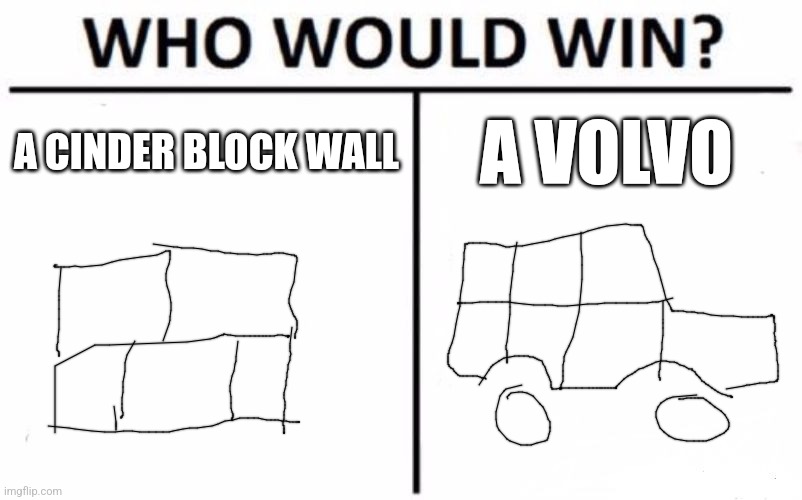 Volvo in a nutshell | A CINDER BLOCK WALL; A VOLVO | image tagged in memes,who would win,cars,volvo,funny,lmao | made w/ Imgflip meme maker
