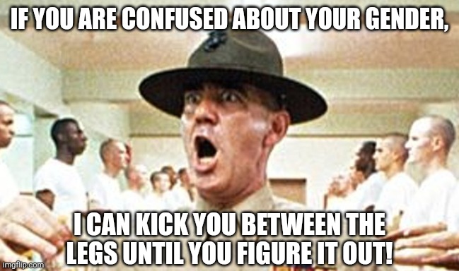 Democrats have so much insecurity and confusion, they struggle with things like this!? What about food? Or rent? | IF YOU ARE CONFUSED ABOUT YOUR GENDER, I CAN KICK YOU BETWEEN THE LEGS UNTIL YOU FIGURE IT OUT! | image tagged in full metal jacket usmc drill sergeant r lee ermey cropped,transgender,confusion,college liberal,democrat,mental health | made w/ Imgflip meme maker