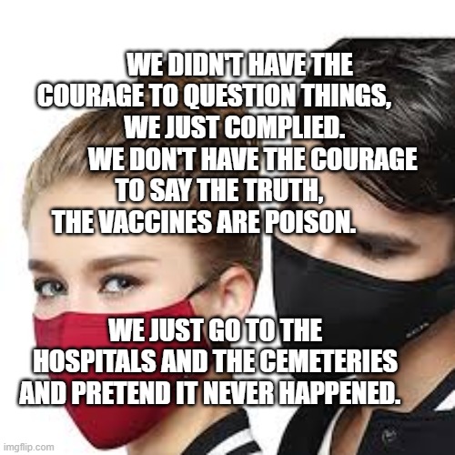 Mask Couple | WE DIDN'T HAVE THE COURAGE TO QUESTION THINGS,          
   WE JUST COMPLIED.           WE DON'T HAVE THE COURAGE TO SAY THE TRUTH,         THE VACCINES ARE POISON. WE JUST GO TO THE HOSPITALS AND THE CEMETERIES AND PRETEND IT NEVER HAPPENED. | image tagged in mask couple | made w/ Imgflip meme maker