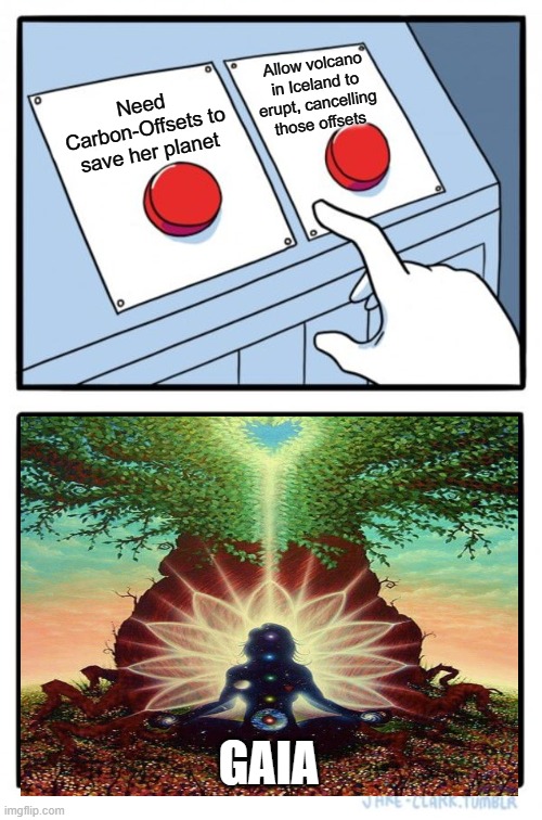 Two Buttons | Allow volcano in Iceland to erupt, cancelling those offsets; Need Carbon-Offsets to save her planet; GAIA | image tagged in memes,two buttons | made w/ Imgflip meme maker