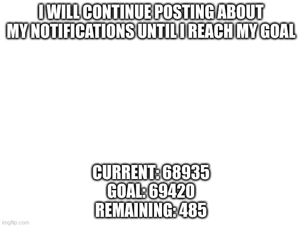 I WILL CONTINUE POSTING ABOUT MY NOTIFICATIONS UNTIL I REACH MY GOAL; CURRENT: 68935
GOAL: 69420
REMAINING: 485 | made w/ Imgflip meme maker