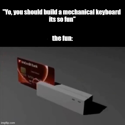 keyboard meme | "Yo, you should build a mechanical keyboard 
its so fun"; the fun: | image tagged in humor | made w/ Imgflip meme maker
