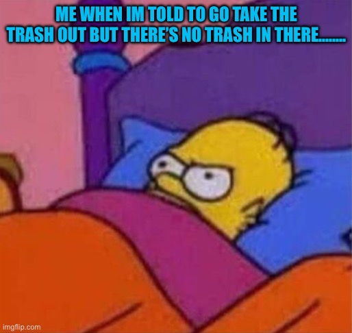angry homer simpson in bed | ME WHEN IM TOLD TO GO TAKE THE TRASH OUT BUT THERE’S NO TRASH IN THERE…….. | image tagged in angry homer simpson in bed | made w/ Imgflip meme maker