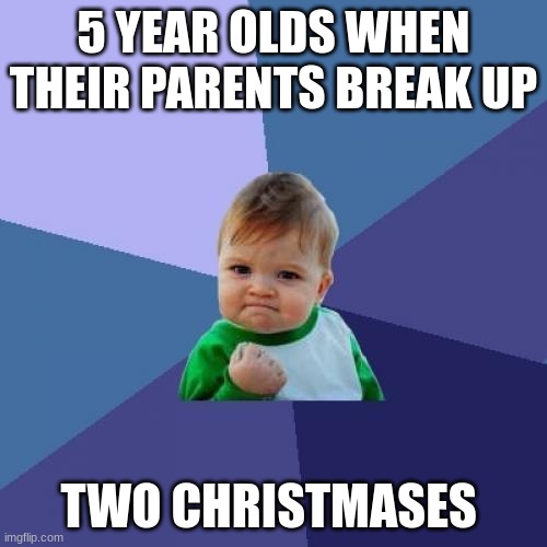 fun | 5 YEAR OLDS WHEN THEIR PARENTS BREAK UP; TWO CHRISTMASES | image tagged in memes,success kid | made w/ Imgflip meme maker