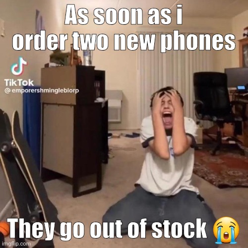 I think they might come a little after christmas | As soon as i order two new phones; They go out of stock 😭 | image tagged in me rn | made w/ Imgflip meme maker