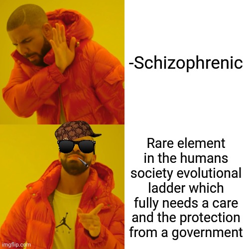 -Too wild to be free on his own. | -Schizophrenic; Rare element in the humans society evolutional ladder which fully needs a care and the protection from a government | image tagged in memes,drake hotline bling,gollum schizophrenia,mental illness,wholesome protector,government shutdown | made w/ Imgflip meme maker