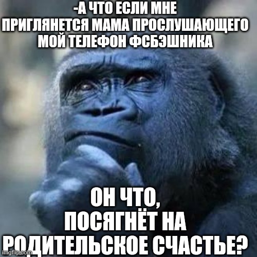 -Hear my calls. | -А ЧТО ЕСЛИ МНЕ ПРИГЛЯНЕТСЯ МАМА ПРОСЛУШАЮЩЕГО МОЙ ТЕЛЕФОН ФСБЭШНИКА; ОН ЧТО, ПОСЯГНЁТ НА РОДИТЕЛЬСКОЕ СЧАСТЬЕ? | image tagged in thinking ape,foreign policy,evil government,yo dawg heard you,police chasing guy,your mom | made w/ Imgflip meme maker