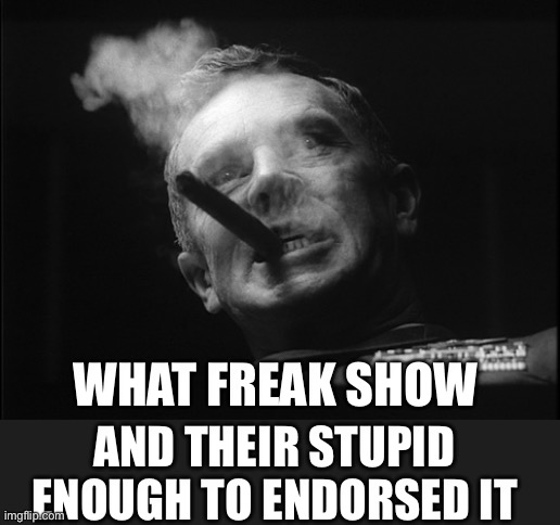 General Ripper (Dr. Strangelove) | AND THEIR STUPID ENOUGH TO ENDORSED IT WHAT FREAK SHOW | image tagged in general ripper dr strangelove | made w/ Imgflip meme maker