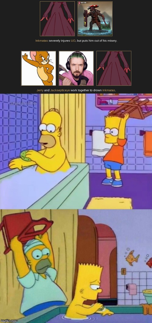 Should've expected Inkmatas killing UO, but didn't expect her to die immediately after. | image tagged in homer revenge | made w/ Imgflip meme maker
